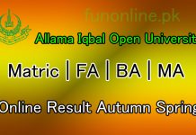 aiou matric fa ba ma bed med adc ade online result 2018