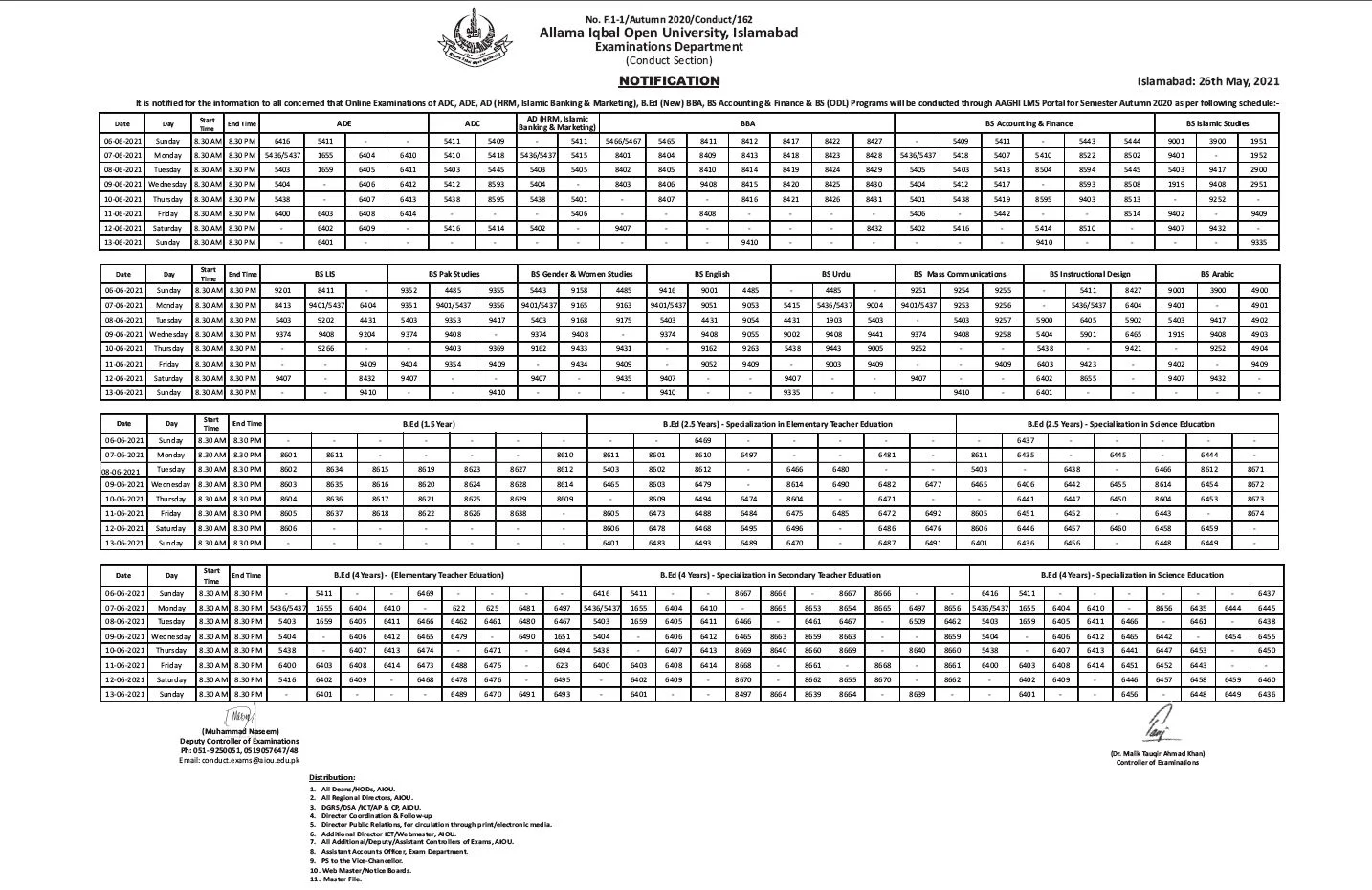 Date Sheet for Online Exams of ADC,ADE, AD (HRM,Islamic B&M), B.Ed (New) BBA, BS Acc & Finance & BS(ODL) Programs