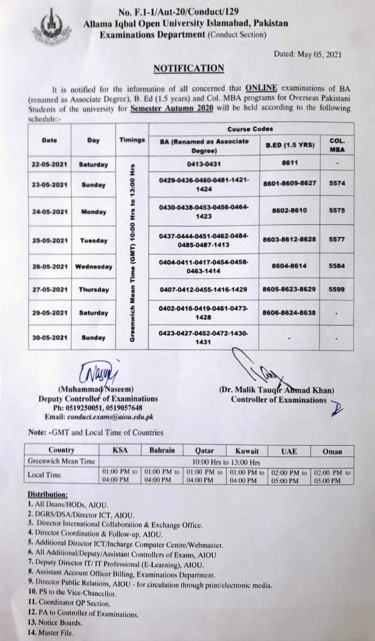 Date Sheet of BA_Bed Col MBA OPS Autumn  study Education