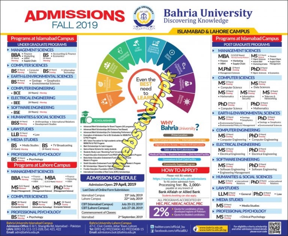 bahria university islamabad admission fall 2019