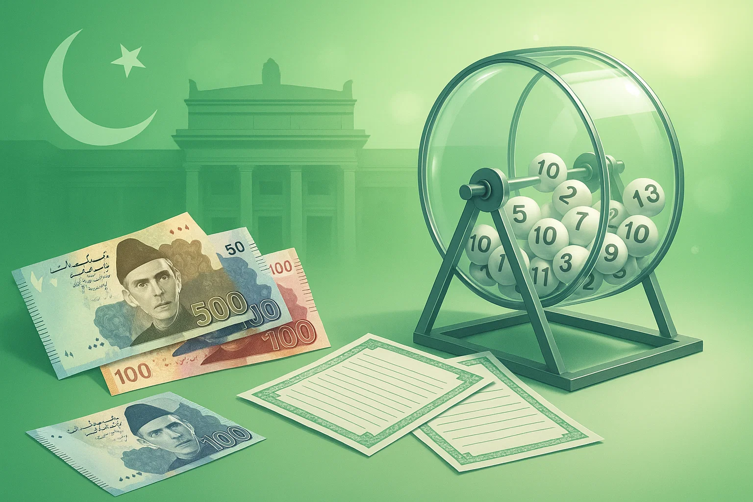 Bond Schedule concept with Pakistani currency, ballot drum, and financial