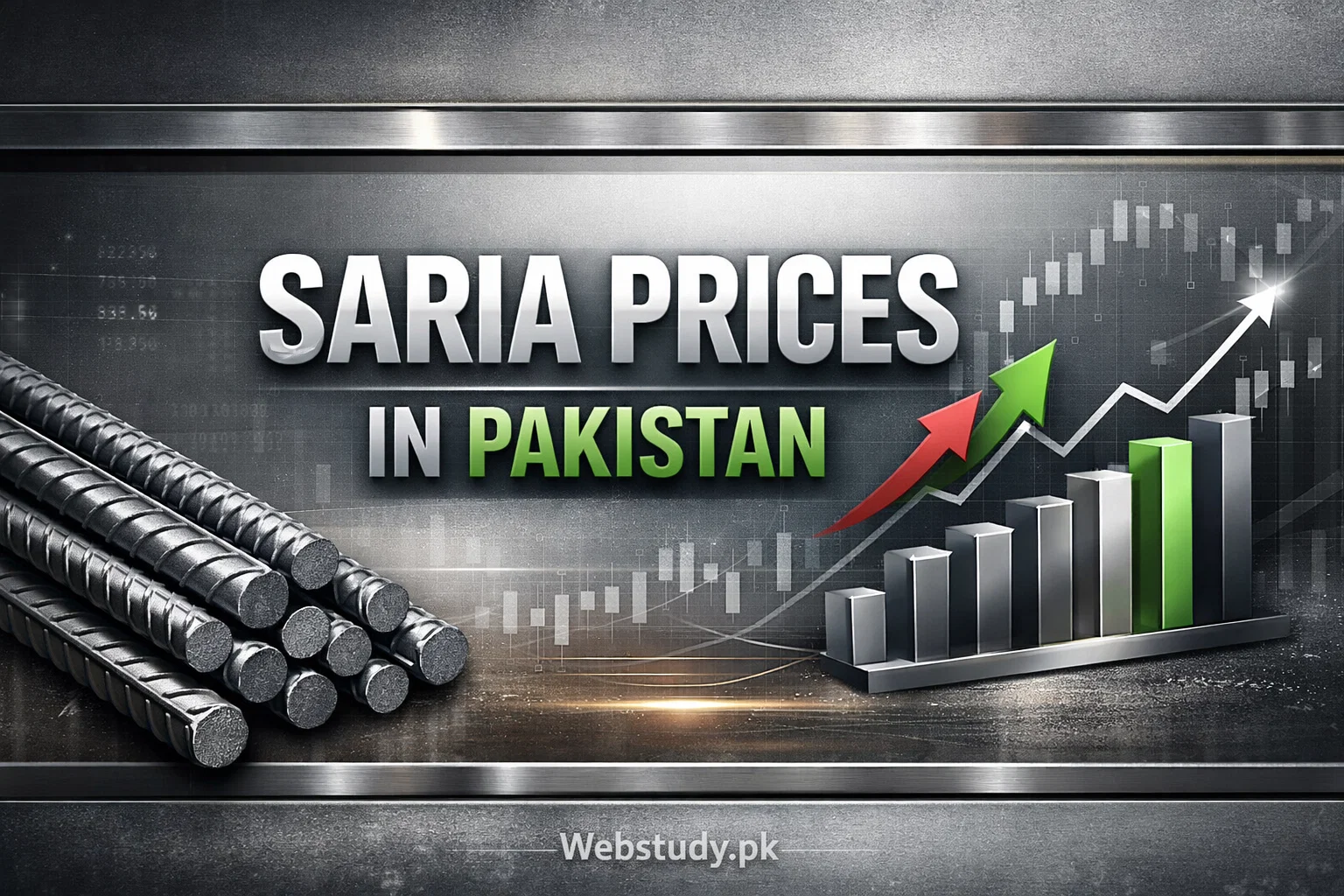 Steel saria price market graphic with stylized metal bars and price theme