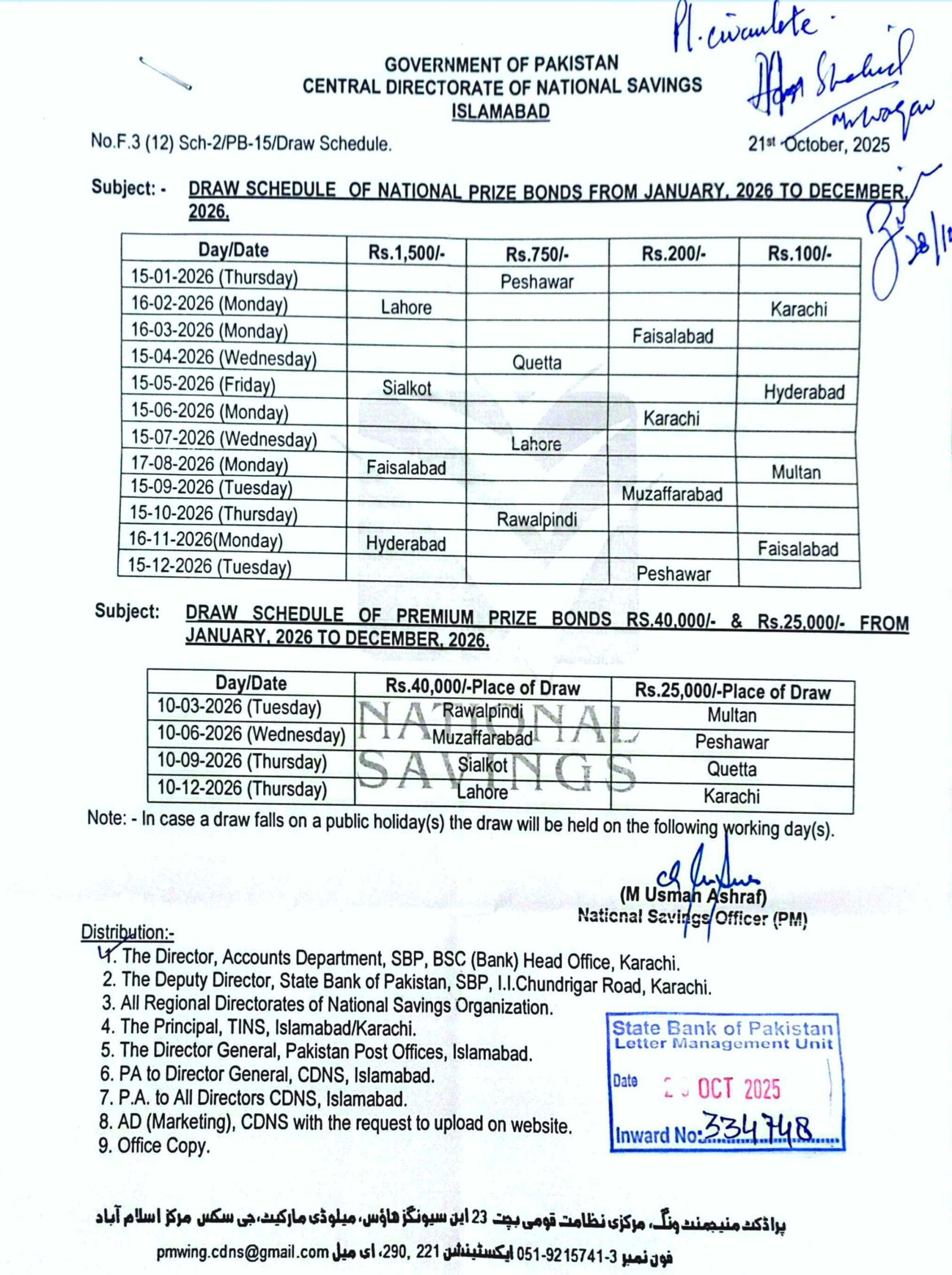 Latest Prize Bond Draw Schedule List 2026