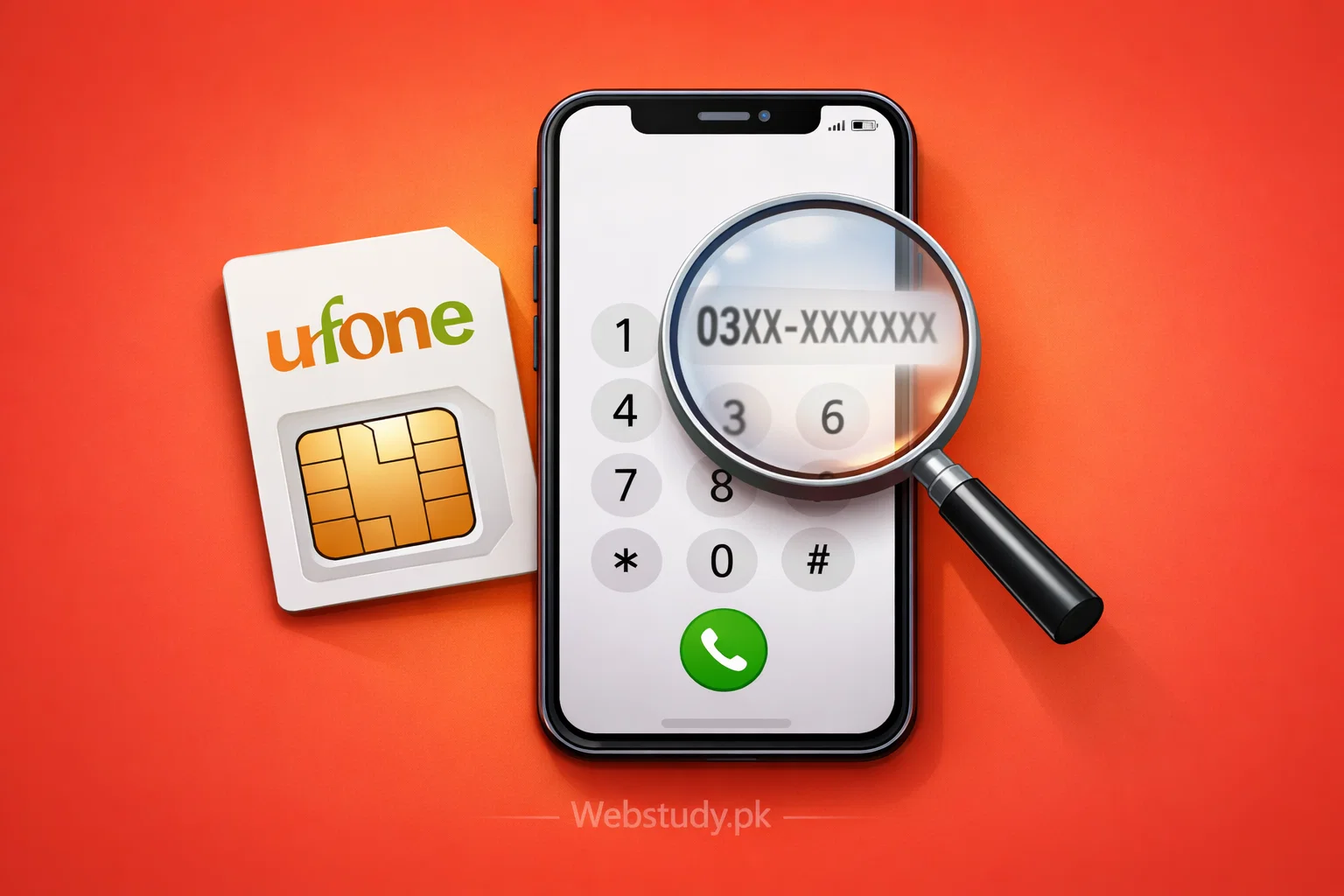 Smartphone dialer and Ufone SIM illustrating number check process